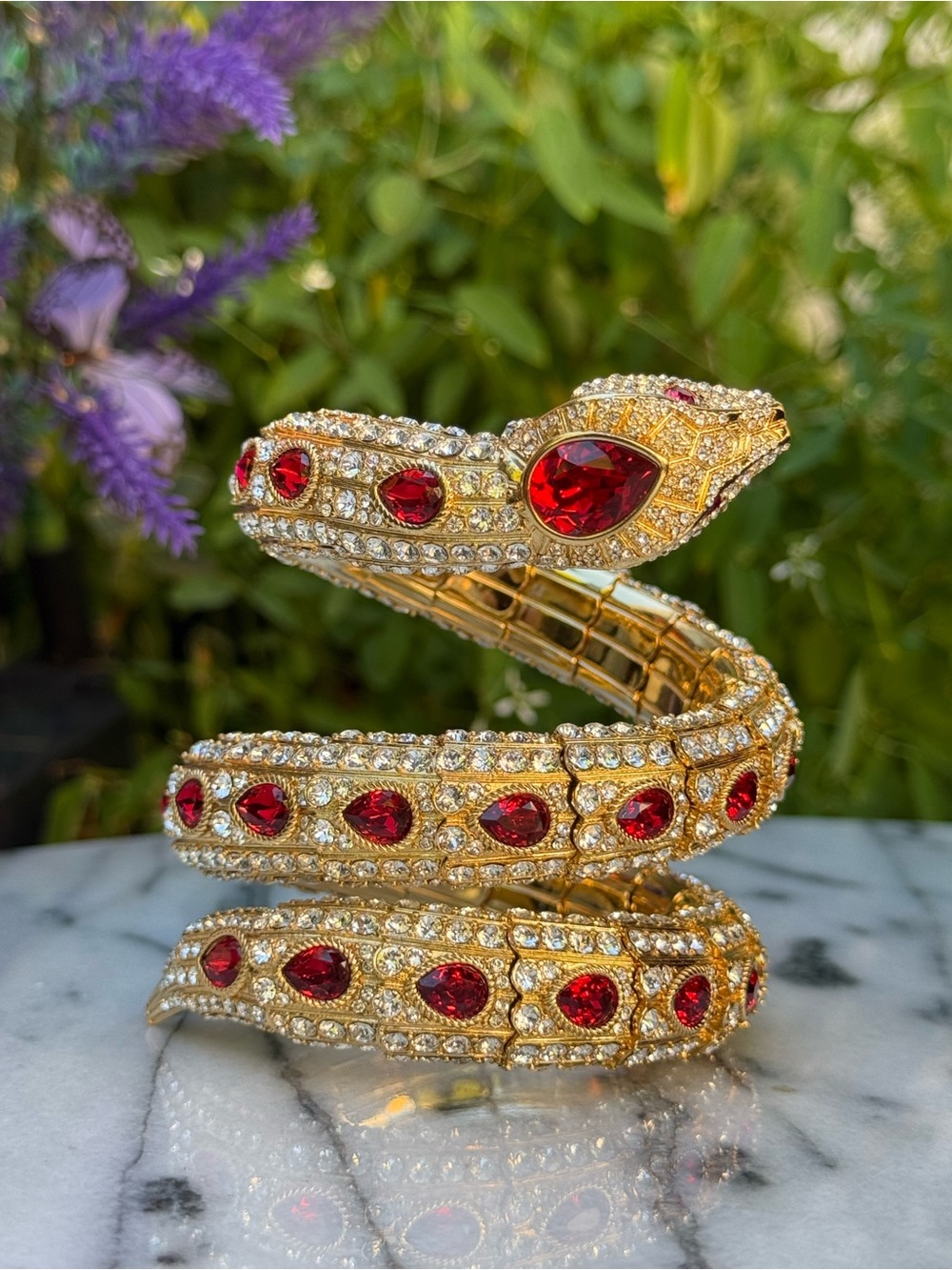 Gucci 24K Gold Plated Serpent Coil Bracelet with Red Crystal Accents S/S 2019